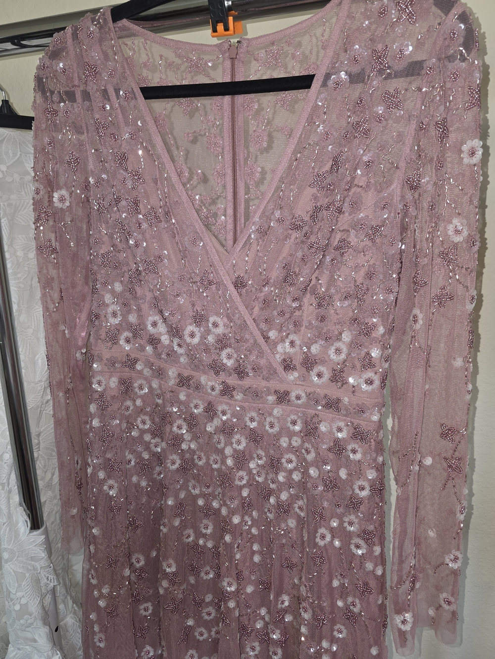 Mac Duggal Mauve Long Sleeve V-Neck Embellished Evening Gown 3D Floral - Picture 13 of 15